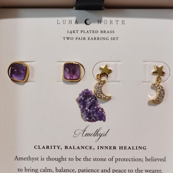 2 pairs stud earring BY LUNA NORTE AMETHYST 14K GOLD PLATED CRESCENT MOON STAR - Picture 1 of 7